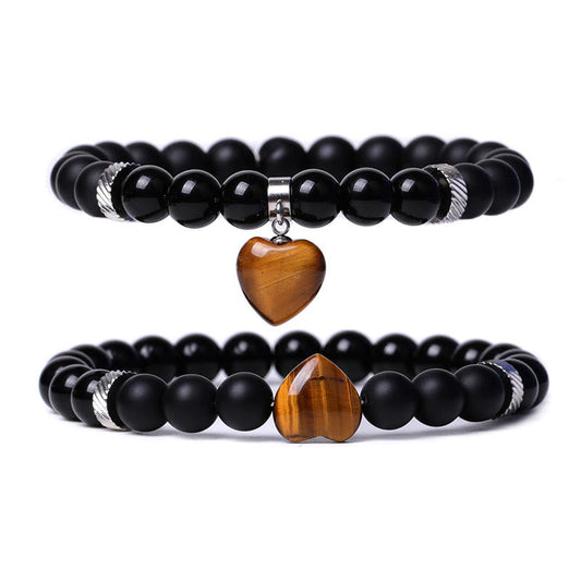 Buddha Stones 2pcs Black Onyx Crystal Stone Love Heart Protection Support Couple Bracelet