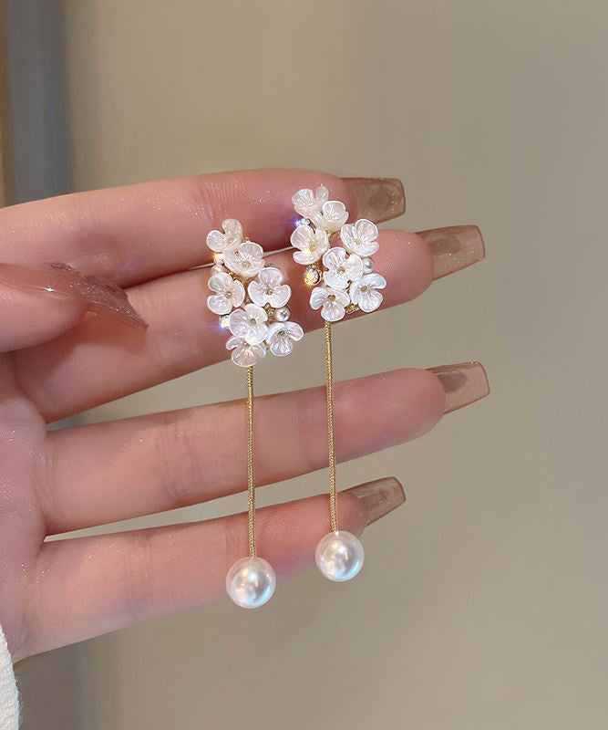 Fine White Copper Alloy Zircon Pearl Tassel Drop Earrings