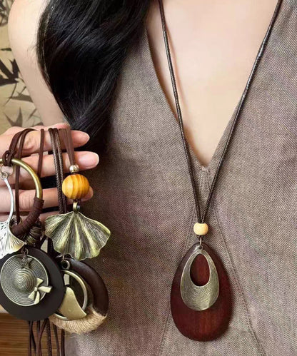 Black Wooden Patchwork Waxed Cord Sweater Pendant Necklace