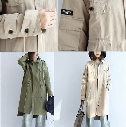 Autumn Beige Cotton Trench Coat Tie Waist Loose Pockets Lapel Parka