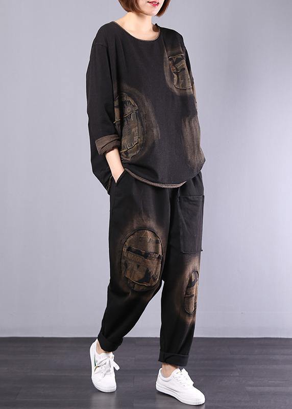 Autumn Black Appliques Suit Loose Cotton Sport Two Pieces