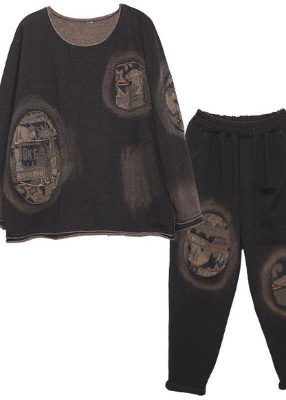 Autumn Black Appliques Suit Loose Casual Cotton Sport Two Pieces
