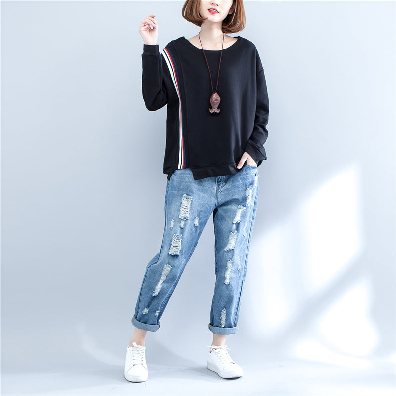 Autumn Black Thick T Shirt Long Sleeve Patchwork Tops