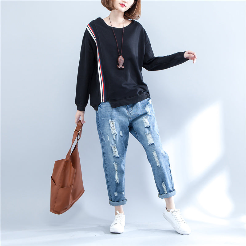 Autumn Black Thick T Shirt Long Sleeve Patchwork Tops