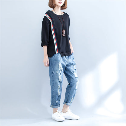 autumn black casual thick t shirt plus size long sleeve patchwork tops