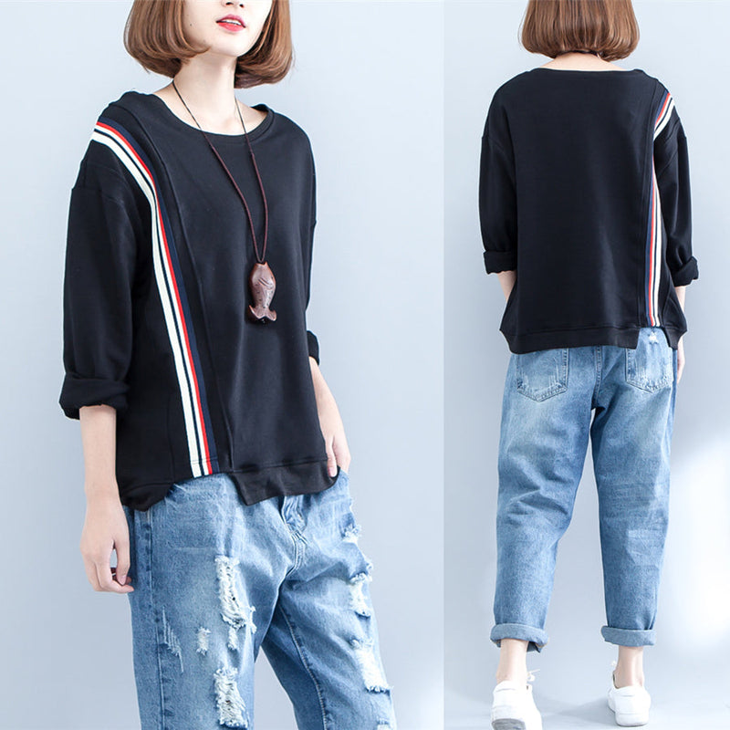 Autumn Black Thick T Shirt Long Sleeve Patchwork Tops