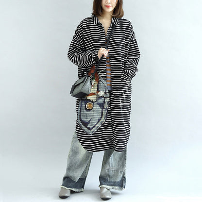 Autumn Black White Striped Cotton Cardigans Long Wrap Coat