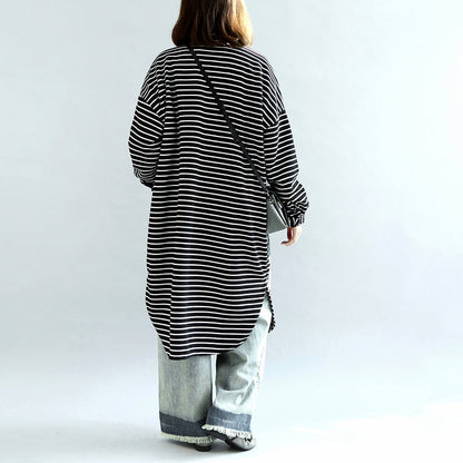Autumn Black White Striped Cotton Cardigans Long Wrap Coat