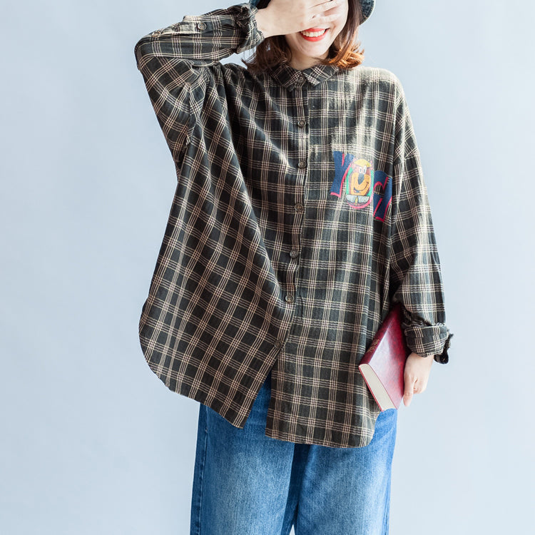Autumn Blackish Green Cotton Blouse Oversize Cartoon Print Batwing Sleeve Tops