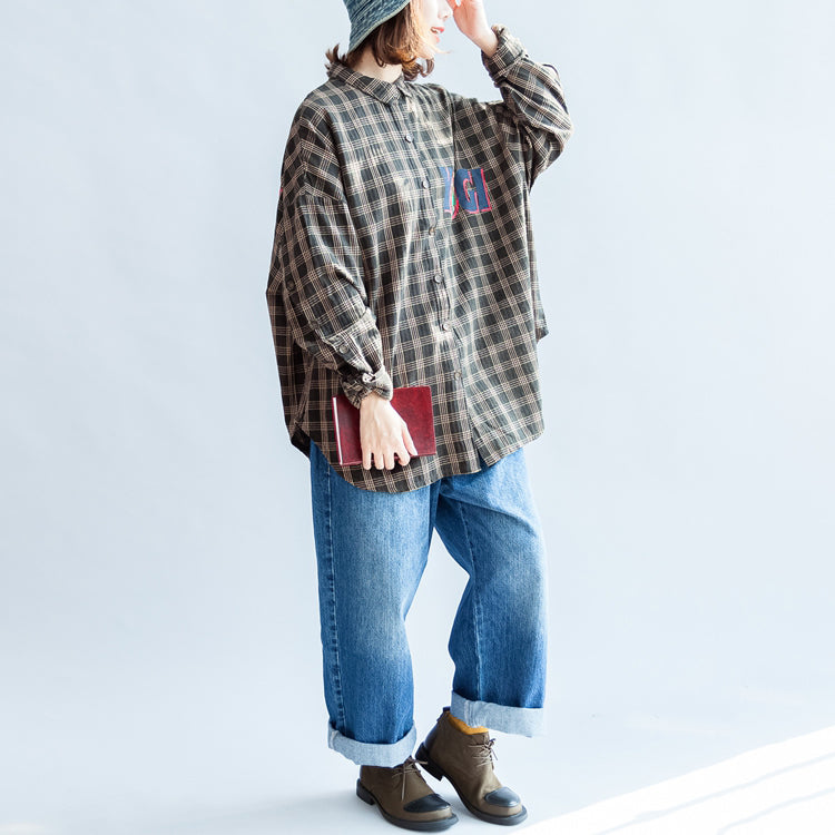 Autumn Blackish Green Cotton Blouse Oversize Cartoon Print Batwing Sleeve Tops
