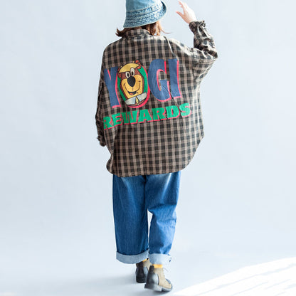 autumn casual blackish green cotton blouse oversize cartoon print batwing sleeve tops