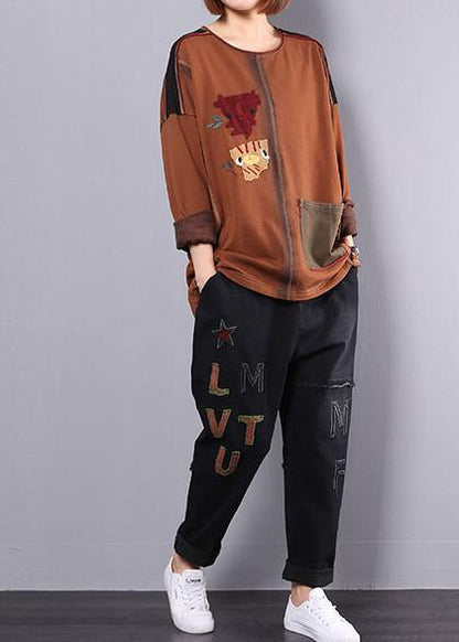 autumn casual vintage khaki patchwork tops and black casual pants two pieces