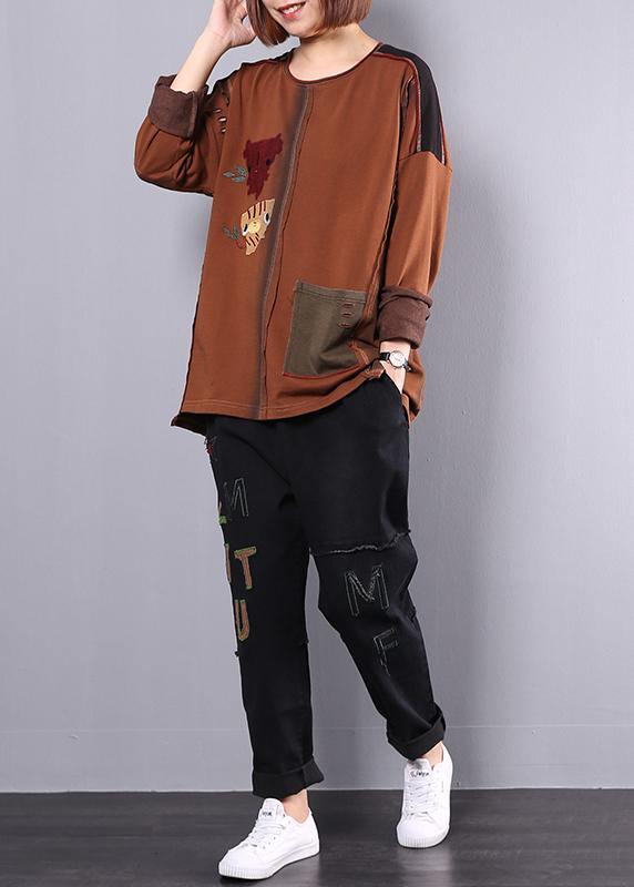 autumn casual vintage khaki patchwork tops and black casual pants two pieces