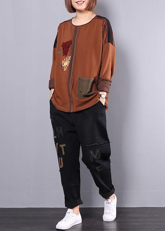 autumn casual vintage khaki patchwork tops and black casual pants two pieces