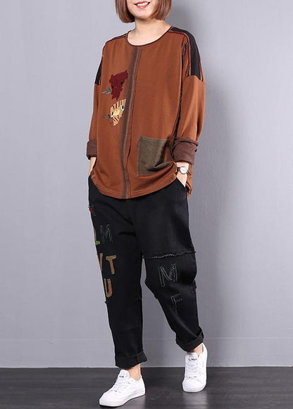 autumn casual vintage khaki patchwork tops and black casual pants two pieces