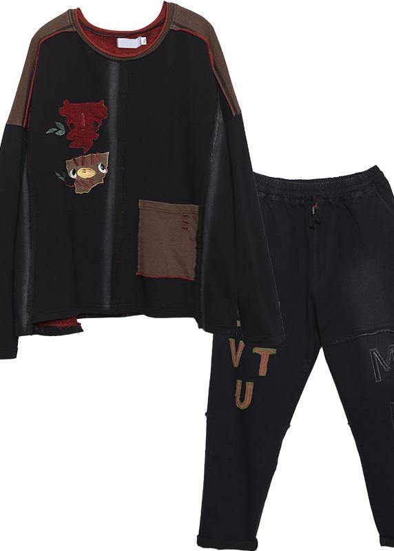autumn casual vintage khaki patchwork tops and black casual pants two pieces
