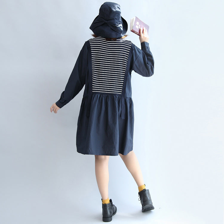 Autumn Cotton Patchwork Knit Striped Dresses Oversize Elastic Waist Long Sleeve Mid Dress