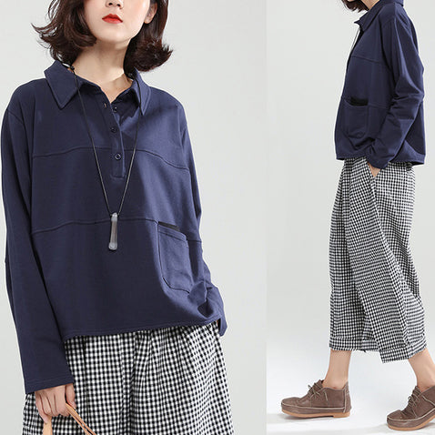 Autumn Navy Cotton Blouse Long Sleeve Pullover