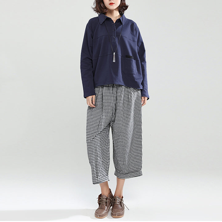 Autumn Navy Cotton Blouse Long Sleeve Pullover