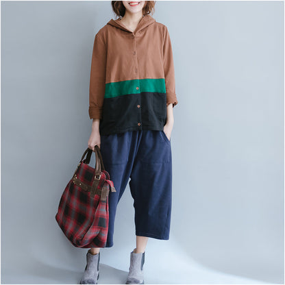 Autumn Patchwork Chocolate Cotton Coat Loose Chunky Cardigans Outwear