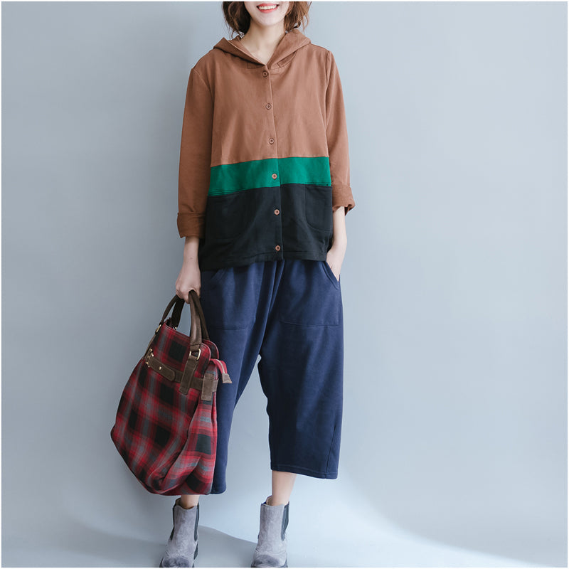 Autumn Patchwork Chocolate Cotton Coat Loose Chunky Cardigans Outwear