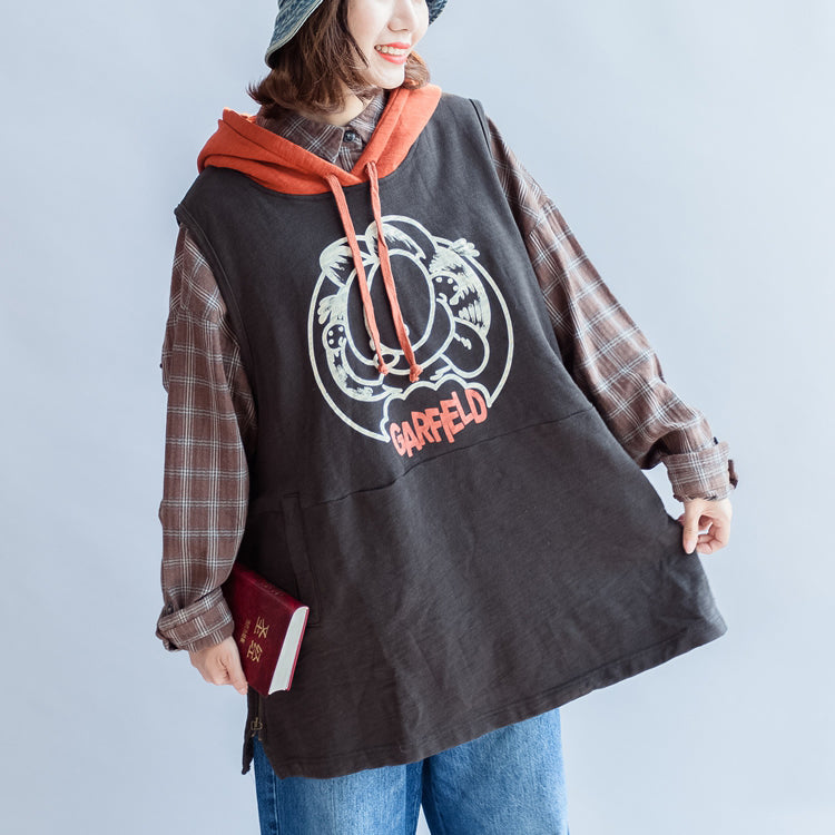 Autumn Gray Cotton Vests Patchwork Yellow Hooded Cartoon Print Pullover