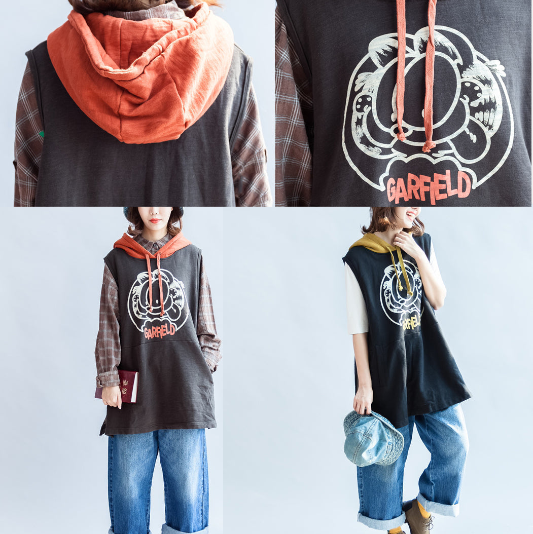Autumn Gray Cotton Vests Patchwork Yellow Hooded Cartoon Print Pullover