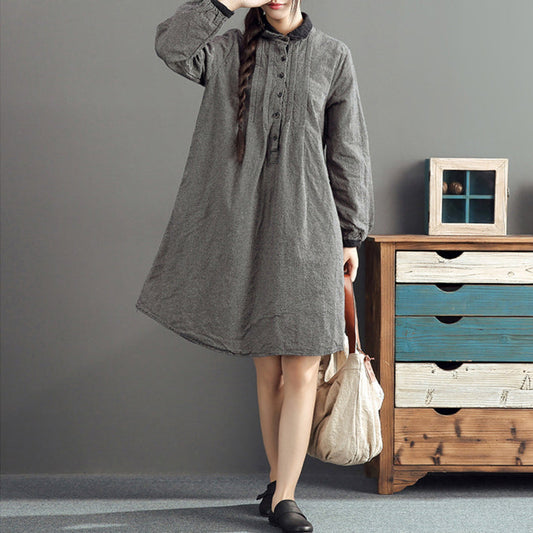 Autumn Gray Grid Cotton Dresses Long Sleeve Lapel Thick Dress