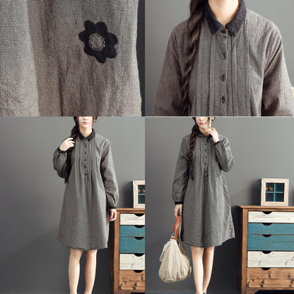 Autumn Gray Grid Cotton Dresses Long Sleeve Lapel Thick Dress