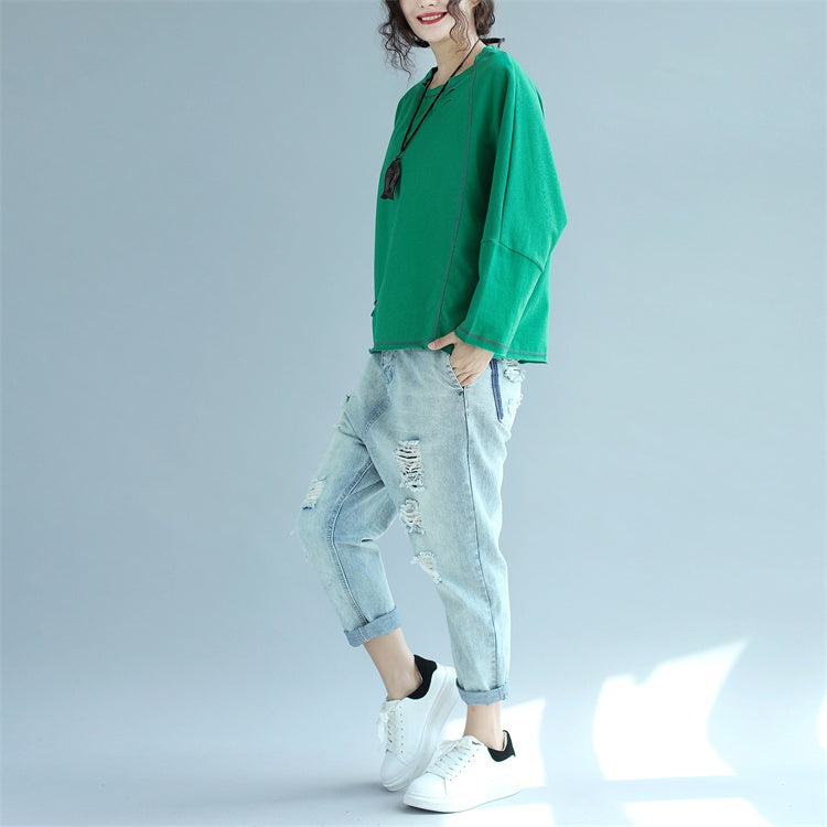 Autumn Green Cotton Pullover Loose Batwing Sleeve Tops