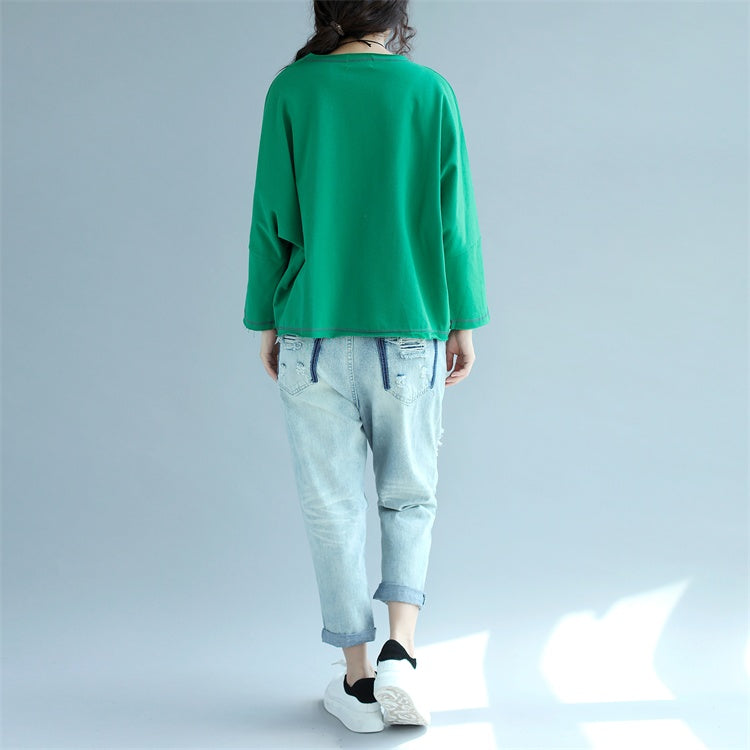 Autumn Green Cotton Pullover Loose Batwing Sleeve Tops