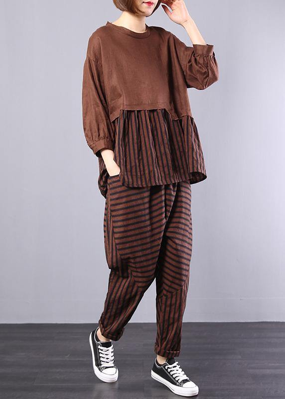 Autumn Khaki Patchwork Striped Tops With Elastic Waist Pants Two Pieces