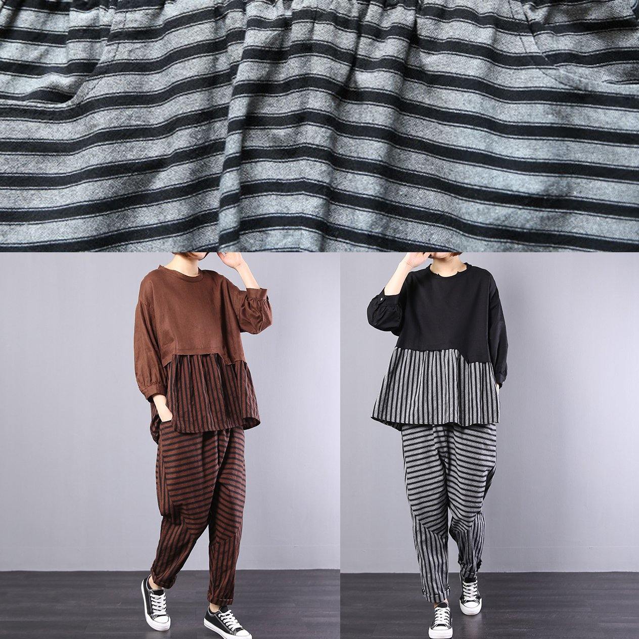 autumn khaki patchwork striped tops with elastic waist pants two pieces