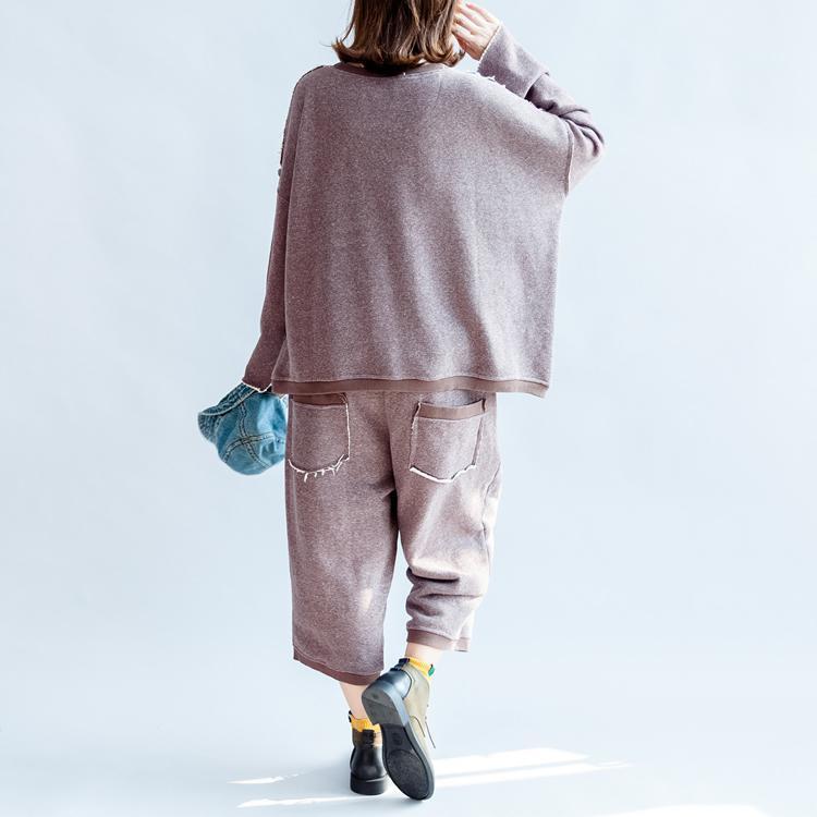 Autumn Light Purple Cotton Knit Tops and Knit Crop Pants Pockets Sport Suit