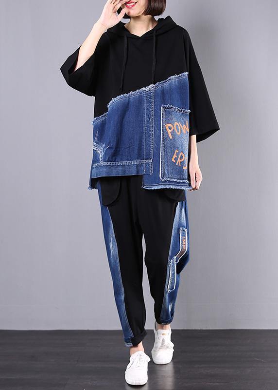 Autumn New Black Patchwork Blue Hooded Tops and Big Pockets Trousers