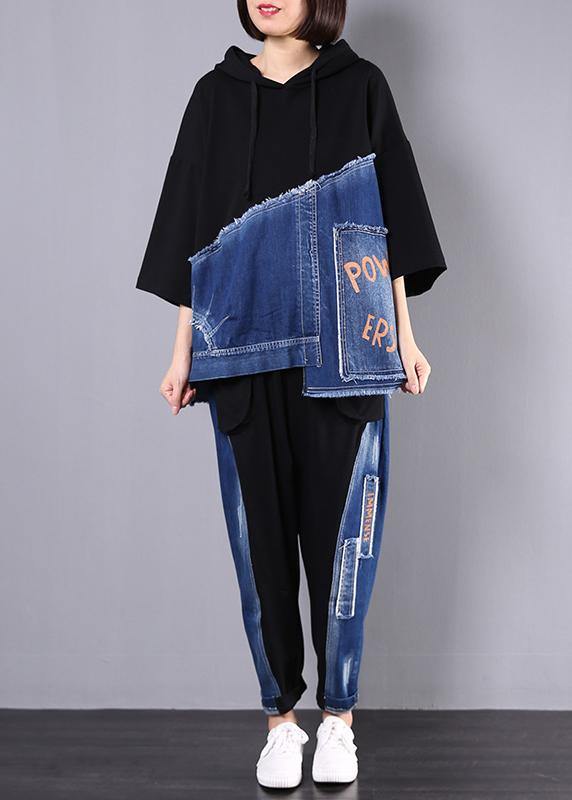 autumn new black patchwork blue hooded tops and casual big pockets trousers