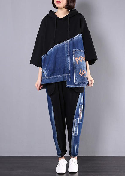Autumn New Black Patchwork Blue Hooded Tops and Big Pockets Trousers