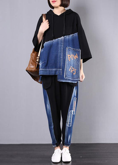 autumn new black patchwork blue hooded tops and casual big pockets trousers