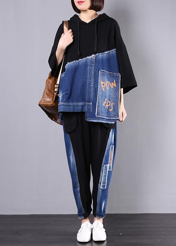 Autumn New Black Patchwork Blue Hooded Tops and Big Pockets Trousers