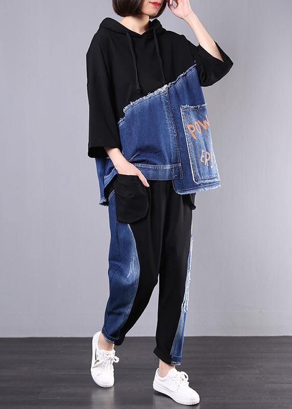 autumn new black patchwork blue hooded tops and casual big pockets trousers