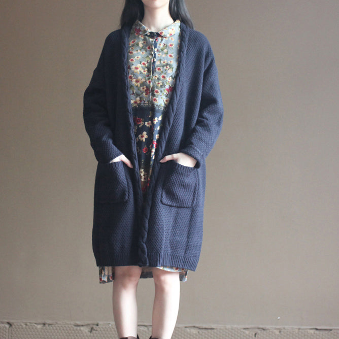 Autumn New Dark Blue Cotton Sweater Cardigans Long Sleeve Knit Coat