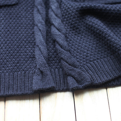 Autumn New Dark Blue Cotton Sweater Cardigans Long Sleeve Knit Coat
