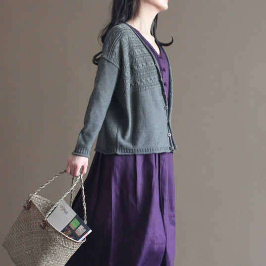Autumn New Dark Gray V Neck Cotton Blended Knit Cardigans Chunky Cable Sweater Coat