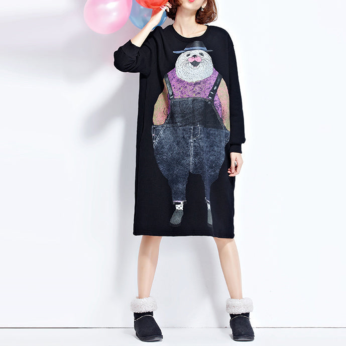 Autumn New Navy Cartoon Print Cotton Dresses Baggy Loose Dress