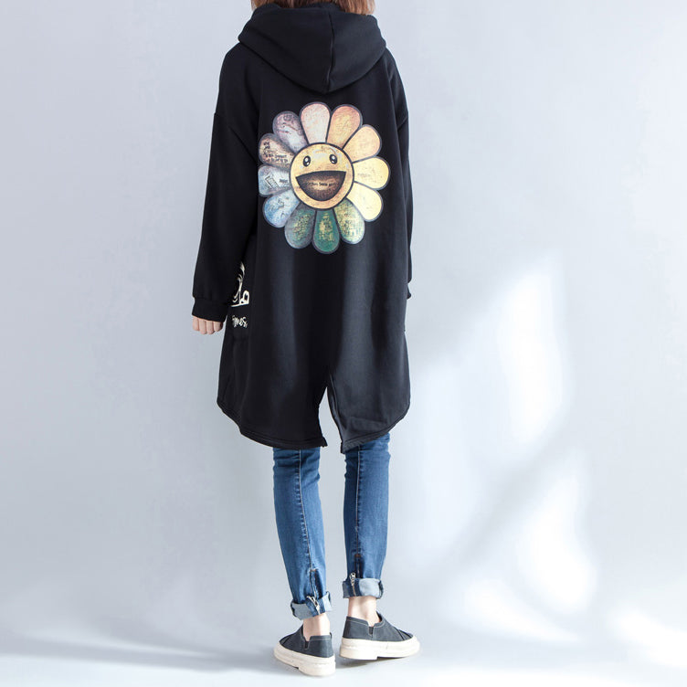 Autumn New Prints Black Coats Oversize Hooded Back Side Open Cardigans Clothes