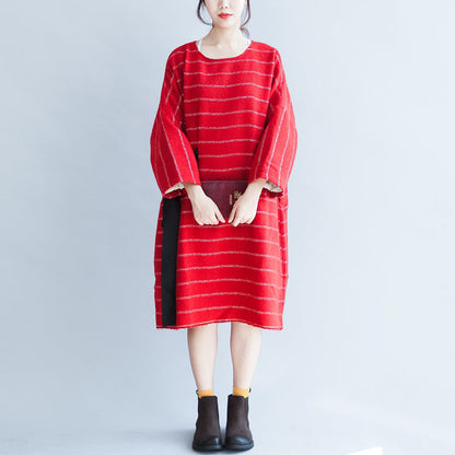 Autumn Red Striped Cotton Dresses Tie Waist Long Sleeve Woolen Dress
