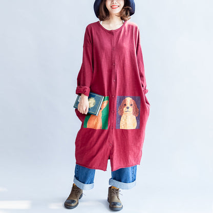 Autumn Red Cotton Coats Oversize O Neck Long Sleeve Cardigans