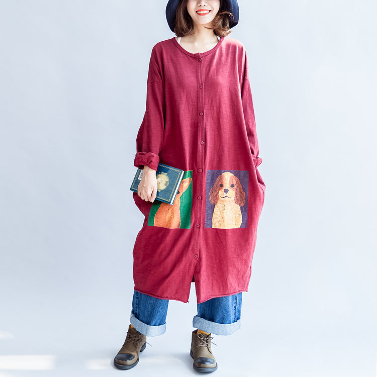 Autumn Red Cotton Coats Oversize O Neck Long Sleeve Cardigans