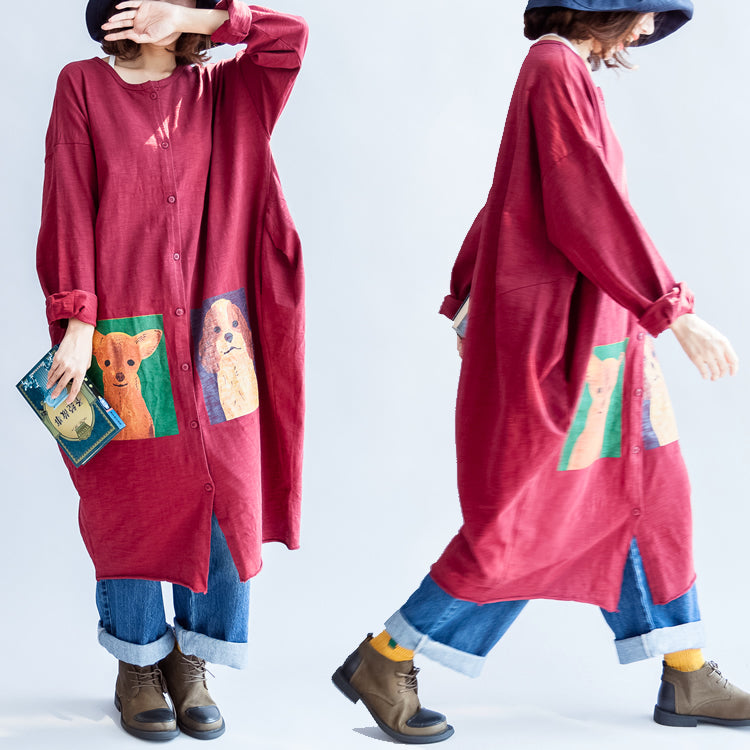 Autumn Red Cotton Coats Oversize O Neck Long Sleeve Cardigans
