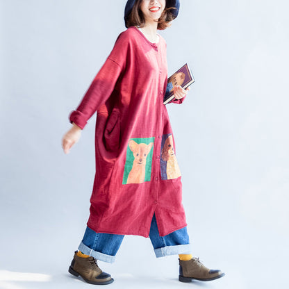 Autumn Red Cotton Coats Oversize O Neck Long Sleeve Cardigans